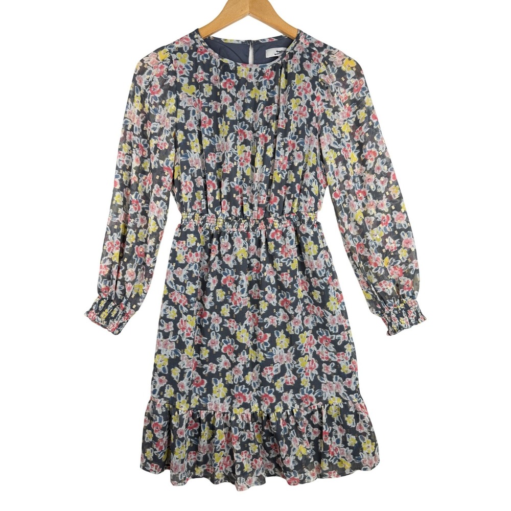 Loft Floral Print Smocked Flounce Long Sleeve Dress size XS Petite Blue/Yellow